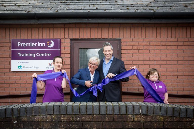 Students from Derwen College and staff from Premier Inn and Novus Solutions at the opening of Hotel 751