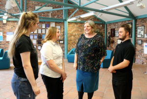 Principal Meryl Green talks to students at Gobowen site