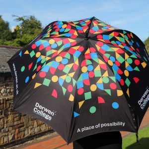 Image of Derwen umbrella wshowing the Derwen College branding