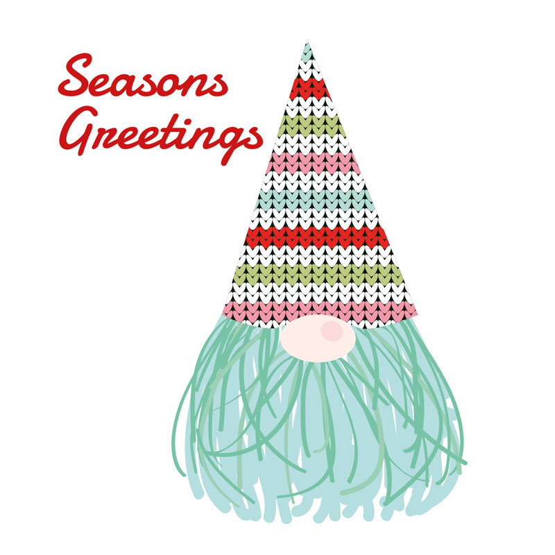 Image shows an illustrated cartoon gnome with a large hat and its nose peeping out from underneath it. The gnome has long hair/beard. The background is white with Seasons Greetings written in red in the top left corner.