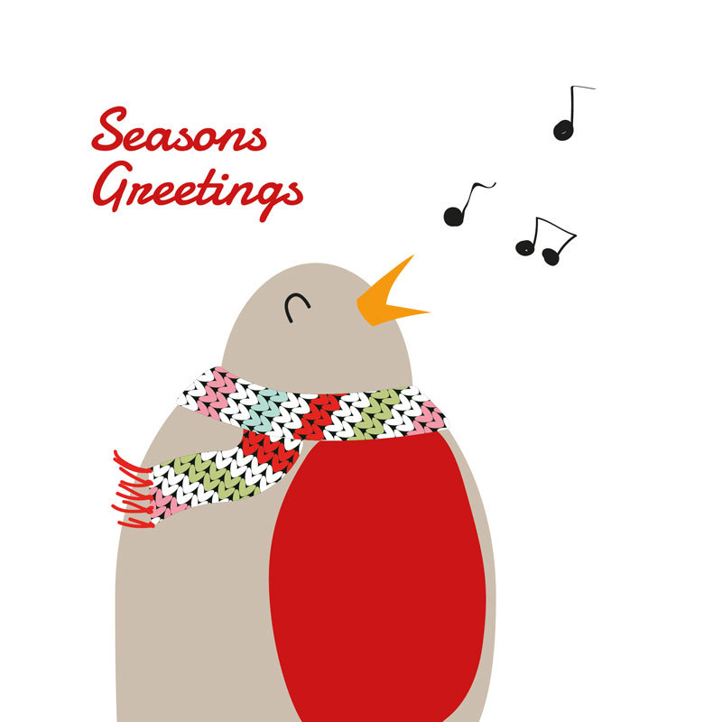 Image shows an illustrated cartoon Robin with a red breast and a scarf around its neck. The robin is singing and musical notes hang in the air to the top right of the image. The background is white with Seasons Greetings written in red in the top left corner.