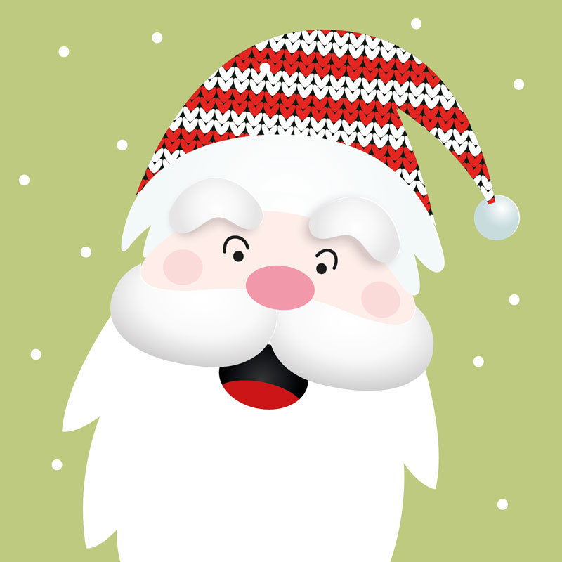 Image shows an illustrated cartoon Santa. His face fills most of the image. He is smiling and has a white beard and red and white striped hat.