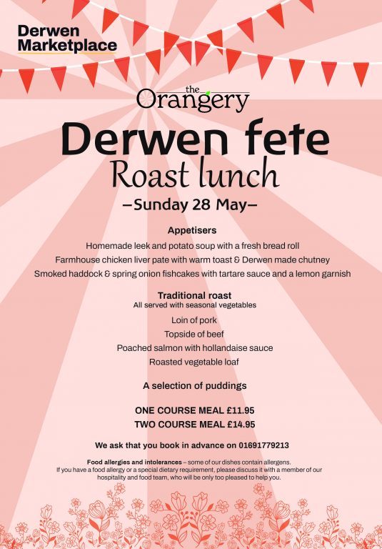 Derwen Fete Roast Lunch Menu, Sunday 28 May 2023