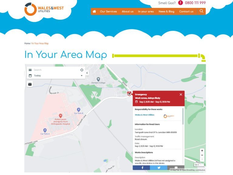 Wales & West Utilities map for emergency gas works on Twmpath Lane
