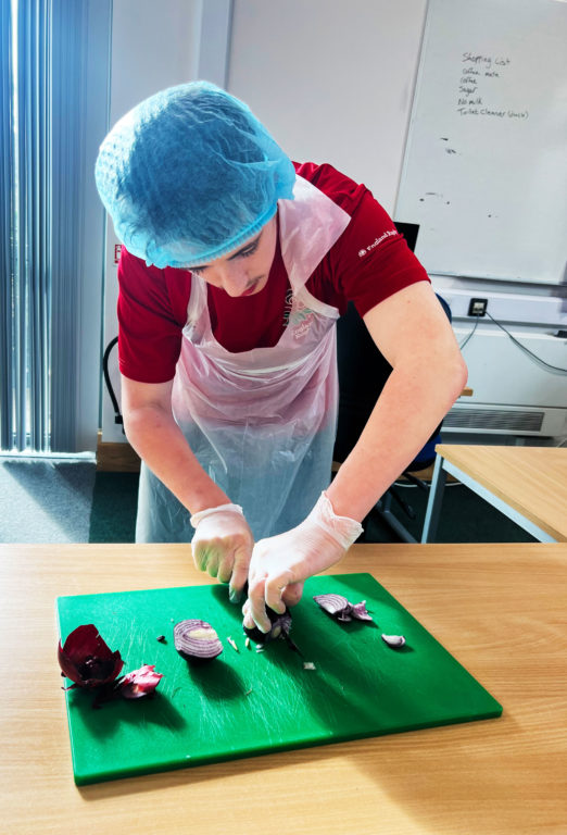 Person cutting up a red onion