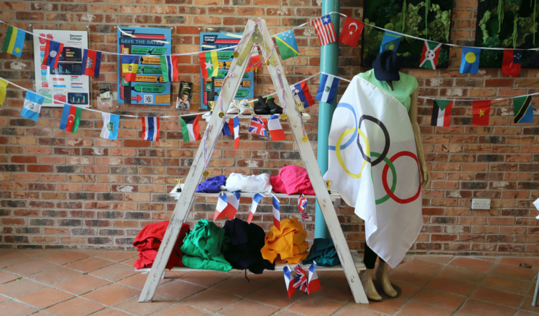 A-frame bedecked with Olympic and French flags