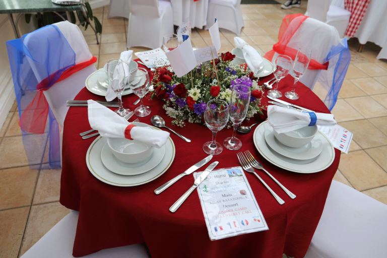 Table set with red white and blue decorations