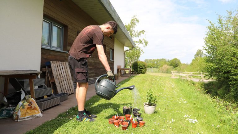 student watering pot plants