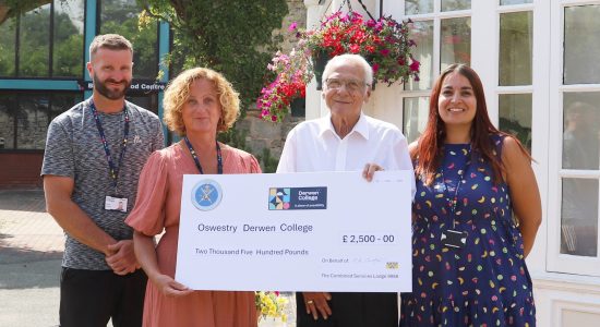 Peter Cherrington presents cheque to Sports Coordinator Steve Evans, Marketing Manager Becky Bowyer and Fundraiser Bryony Wesson crop